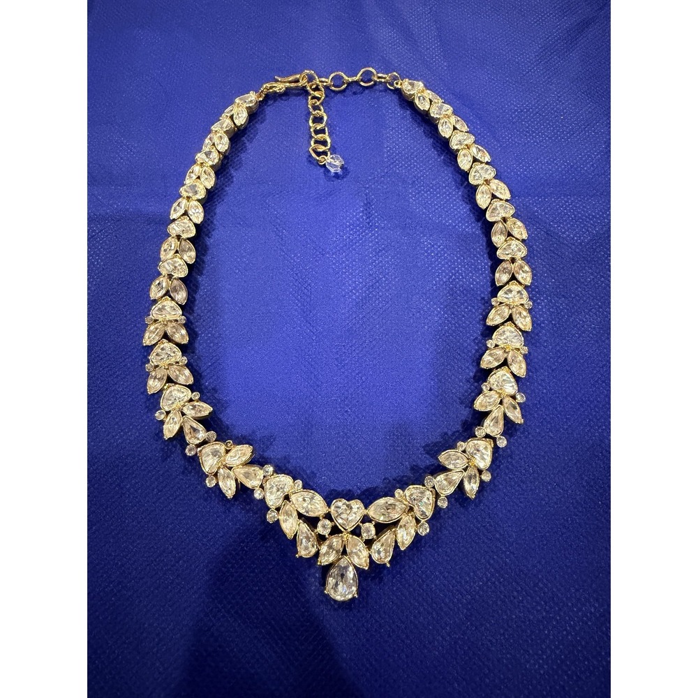 VTG Gold Tone Crystal Rhinestone Teardrop Bib Necklace Glam Floral 19" Stmt